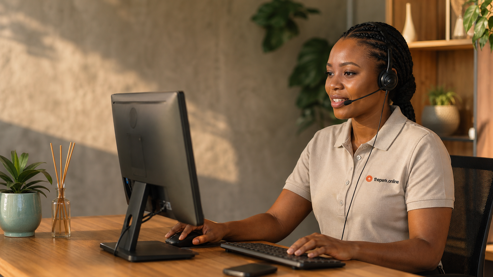 Receptionist in a theperk.online shirt managing appointments